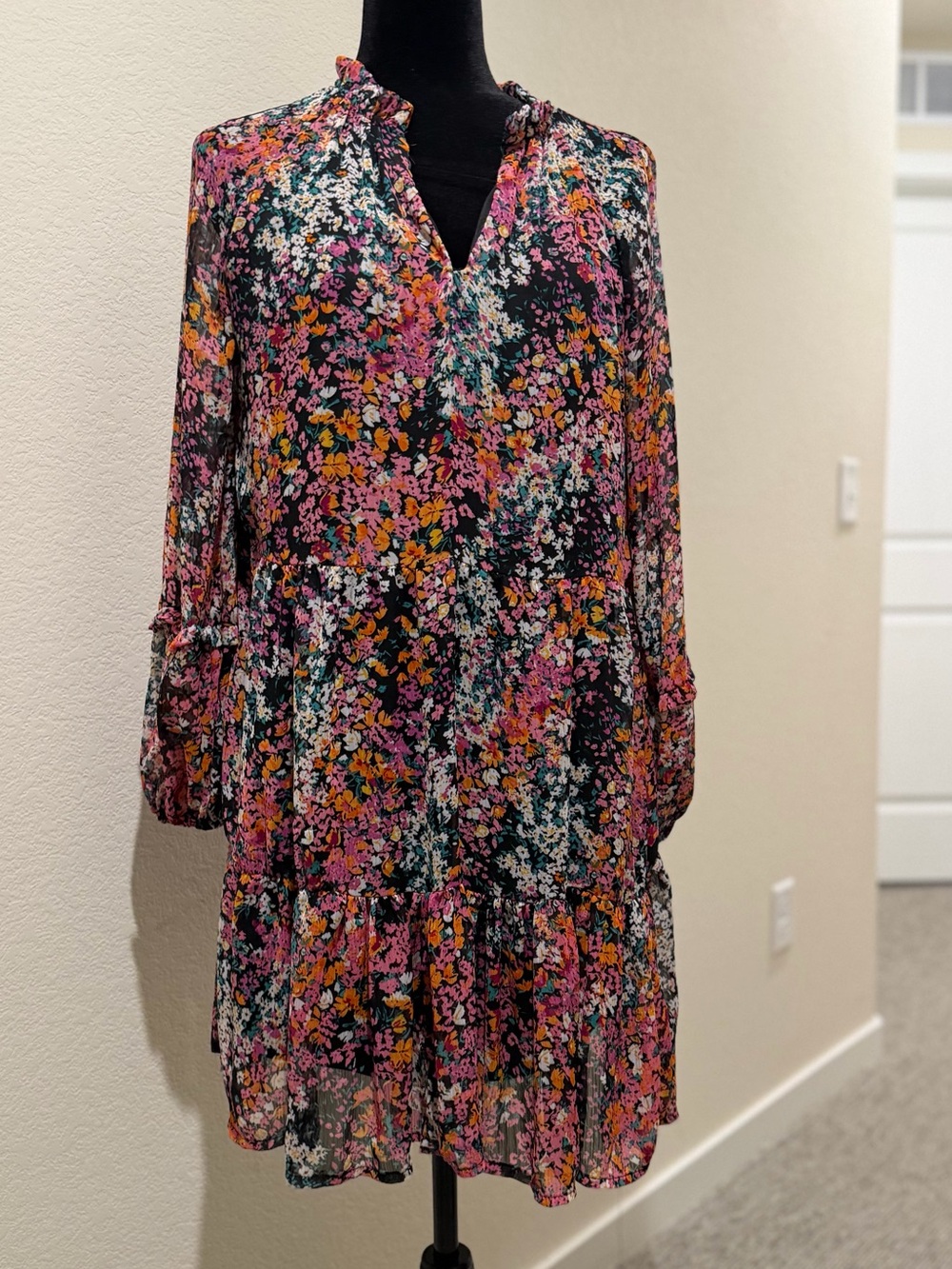 Vince Floral Tiered Long Sleeve Dress in Pink Multi